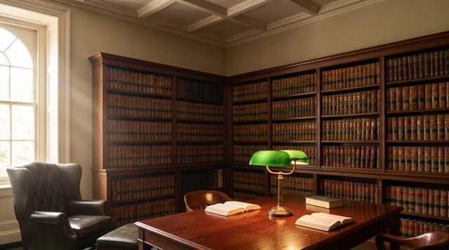 Art-direction sample: a law-office library lit by a banker's lamp
